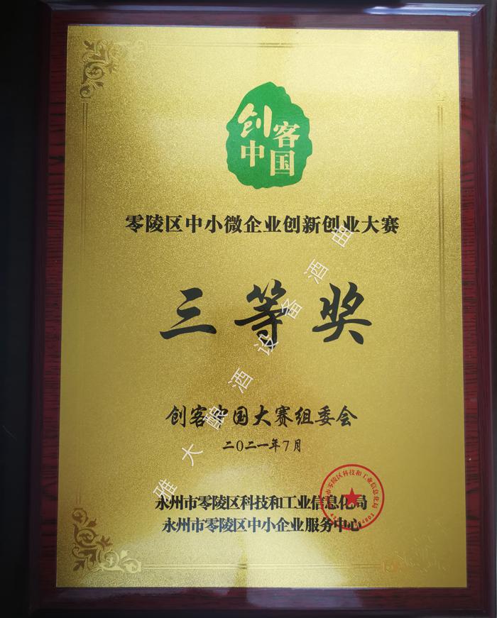雅大荣获2021年“创客中国”零陵区中小微企业创新创业大赛三等奖 1 雅大荣获2021年“创客中国”零陵区中小微企业创新创业大赛三等奖 1